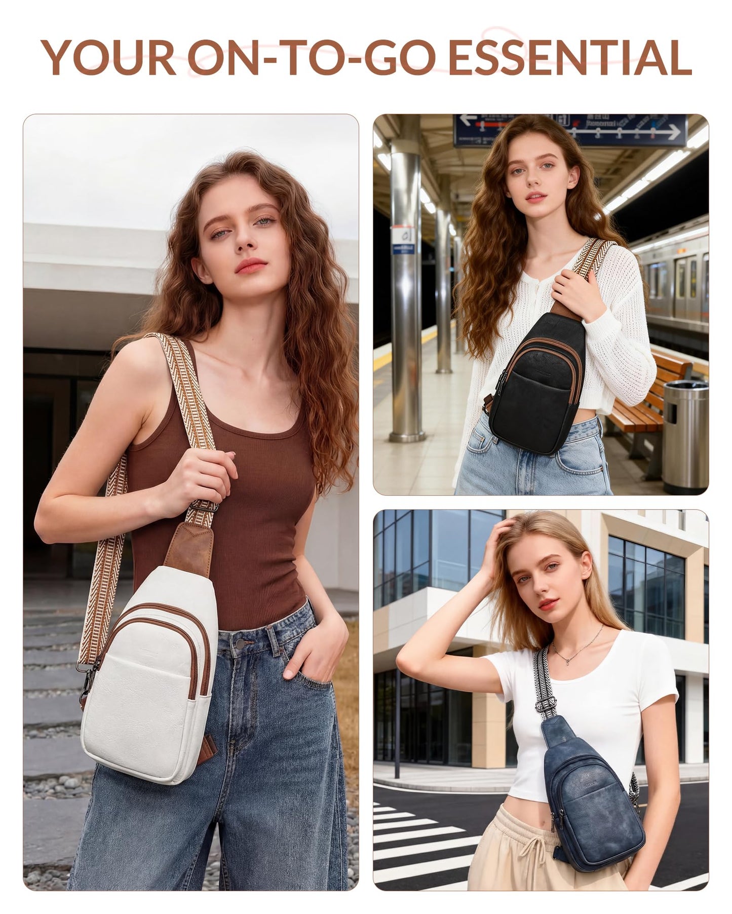SYTRAH Sling Bag for Women, Crossbody Bags Purse for Women Trendy Vegan Leather Chest Bag with Adjustable Guitar Strap, Beige Brown