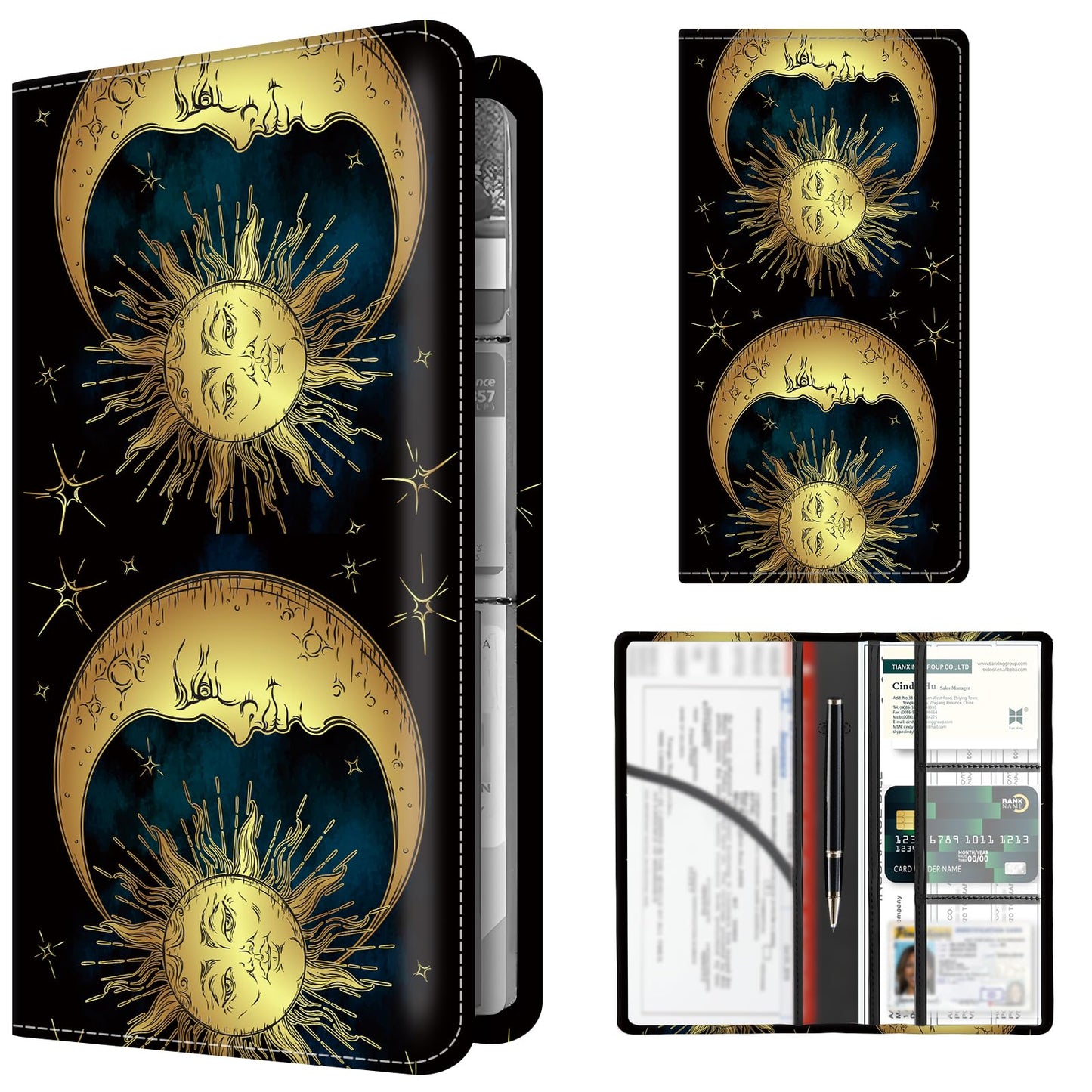 BAUCIWLD Premium Car Registration and Insurance Card Holder, Cute PU Leather Car Document Holder, Vehicle Glove Box Car Organizer with Magnetic Closure for Driver License, Cards Golden Sun and Moon