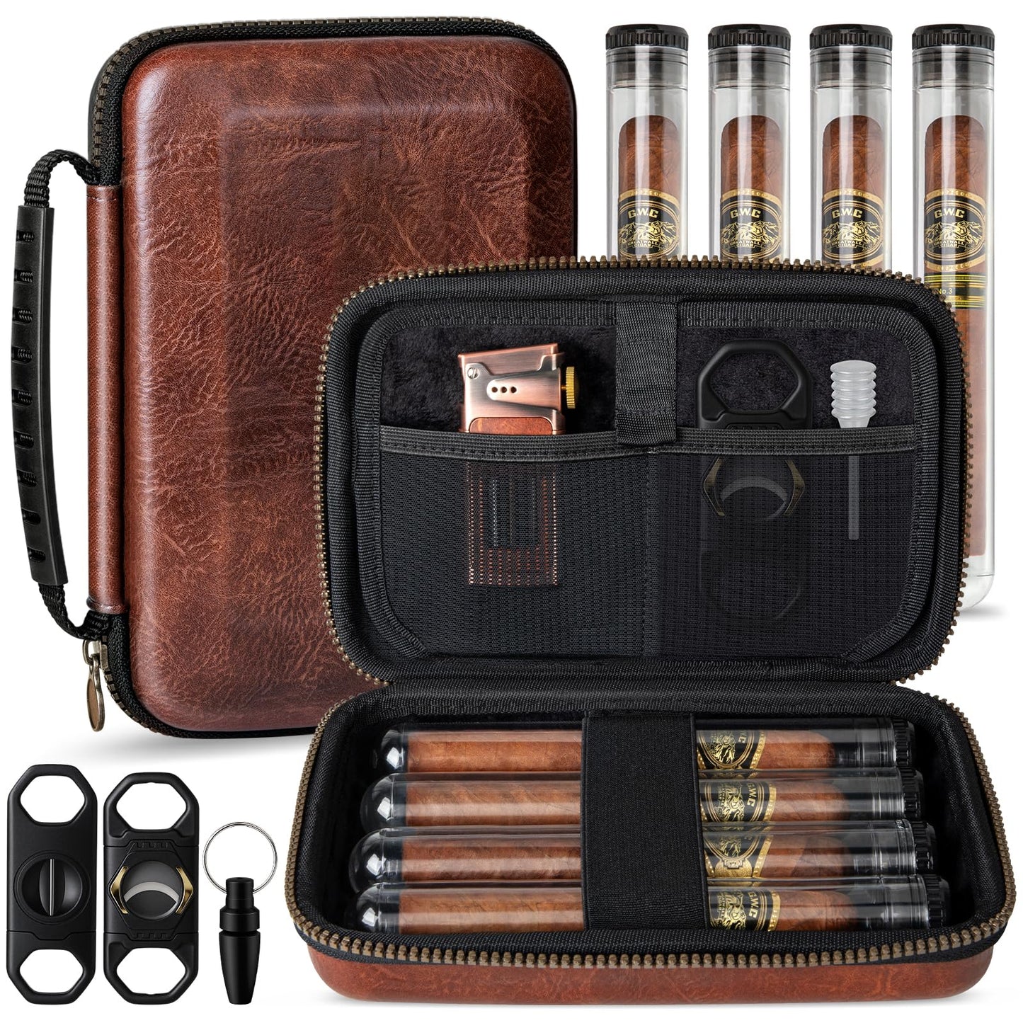 AWOTE Travel Cigar Humidor Case, Portable Cigar Bag with 4 Cigar Tubes, Leather Cigar Case Include Straight Cutter, V Cutter, Hole Puncher, Gift Set for Cigar Lovers, Lighter not included (Brown)