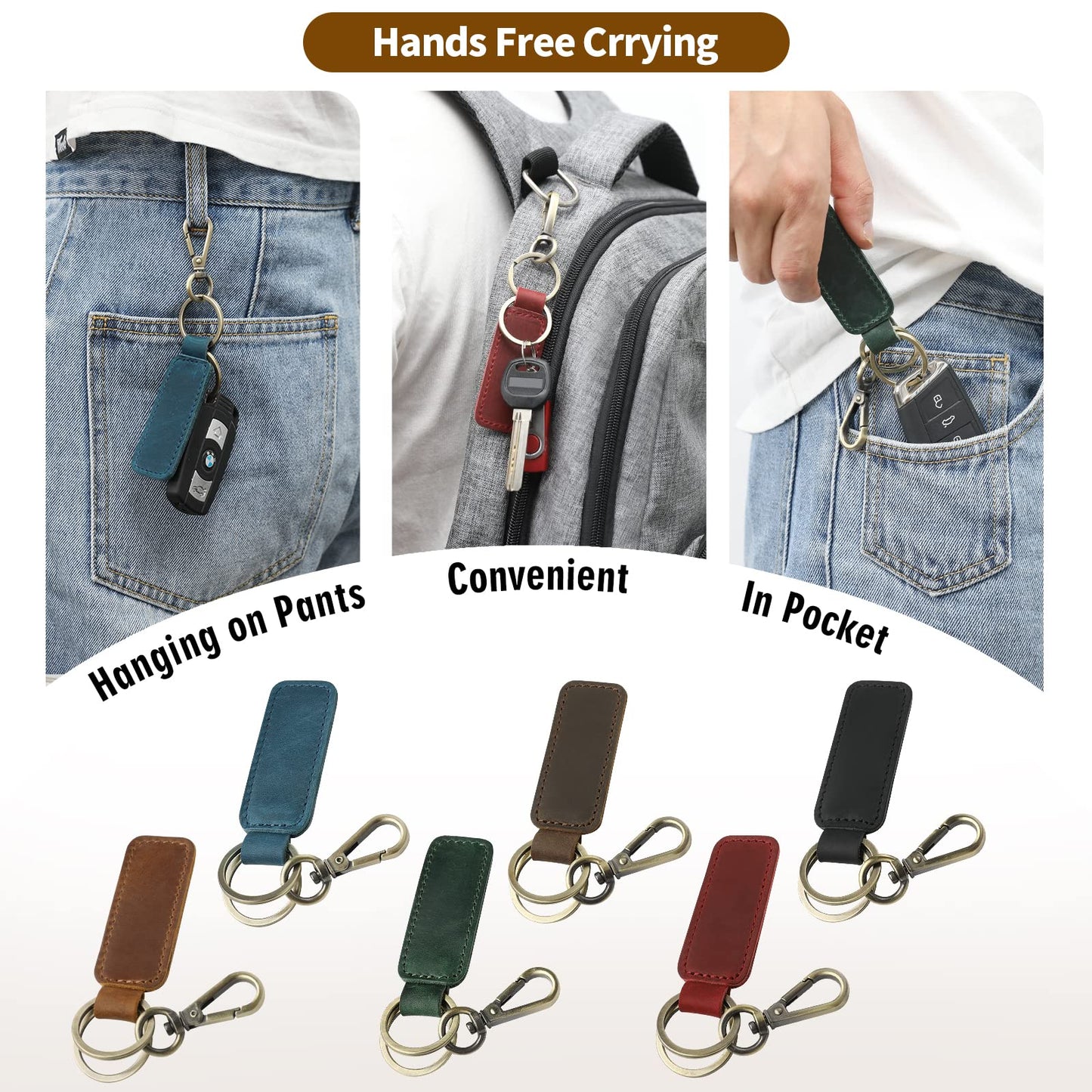 Jack&Chris Genuine Leather Car Keychain, Universal Key Fob Keychain, Leather Key Chain Holder for Men and Women, 2 Keyrings and Carabiner Clip, JC306-Black