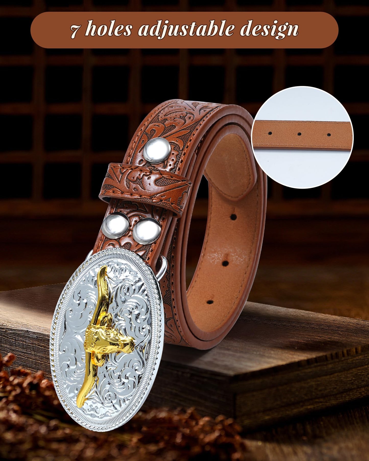 Kajeer Kids Western Belt for Boys Girls, Cowboy Genuine Leather Embossed Western Longhorn Bull Buckle Belts for Jeans (Cow Buckle- brown, for Wasit 21"-26")