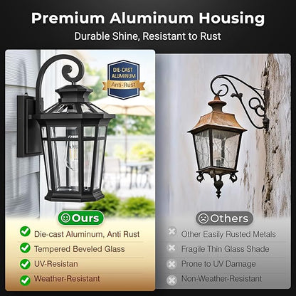 Large 9'' Outdoor Porch Light Wall Mount, Black Outdoor Wall Lantern Dusk to Dawn, Waterproof Exterior Light Fixture with Beveled Glass, Exterior Sconce Light for House, Coach Lights for Garage