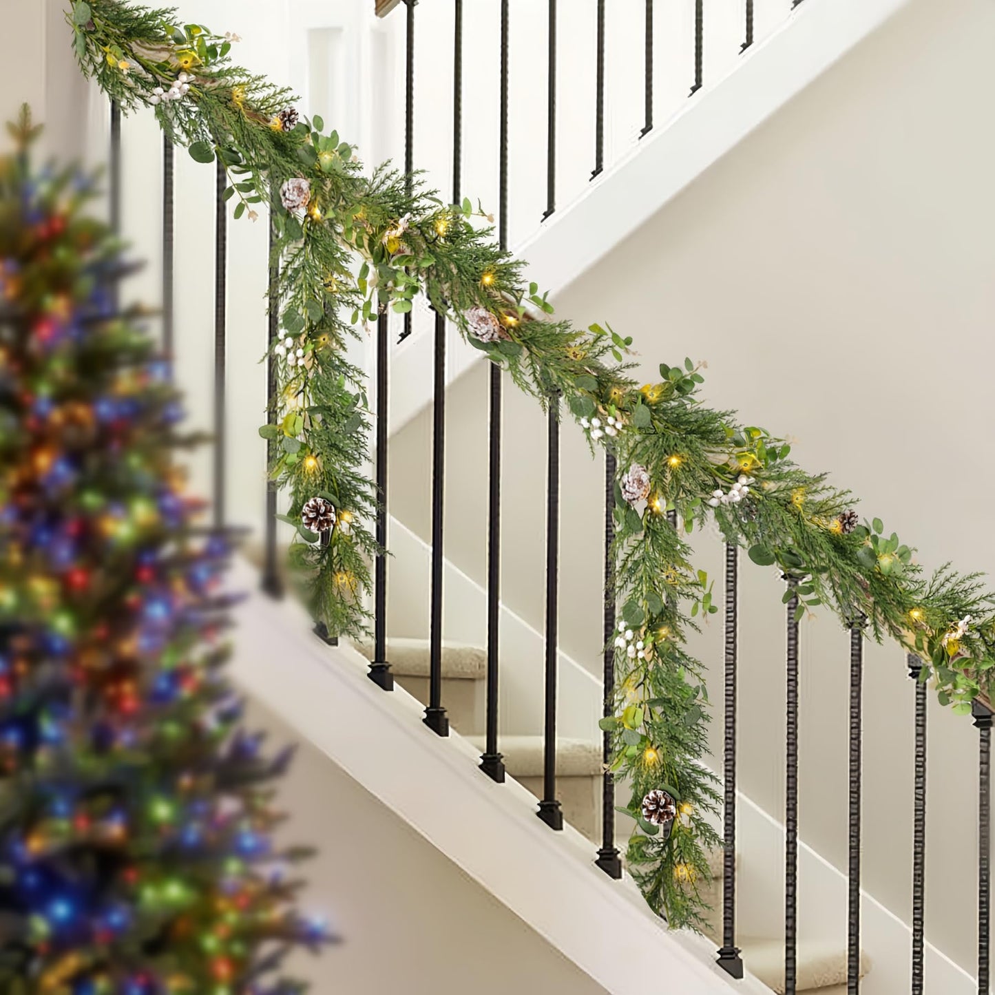 Flopttsun 6FT Christmas Garlands with 20 LED Lights,Prelit Articial Spruce Garland with Eucalyptus Berry Pinecone,Battery Operated for Stair Winter Indoor Home Decor