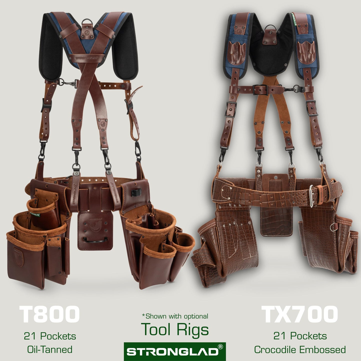 STRONGLAD Tool Belt Suspenders - Full-Grain Leather, 1680D Nylon, Padded Shoulder Straps, Adjustable Heavy-Duty Construction Support
