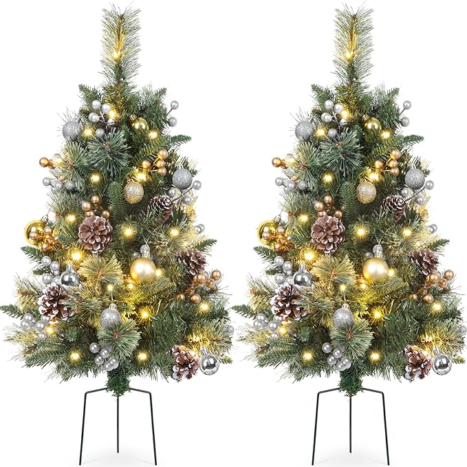 2 Packs 30 Inch Pre-Lit Outdoor Christmas Trees Urn Filler, Small Lighted Xmas Tree Holiday Décor with Multi-Color & WW Waterproof String Lights, Gold & Silver Berry Stems, 10 Pine Cones