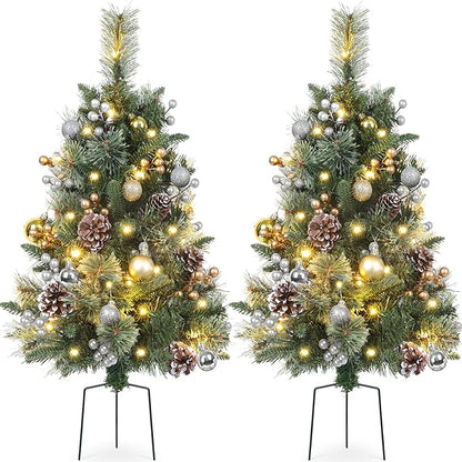 2 Packs 30 Inch Pre-Lit Outdoor Christmas Trees Urn Filler, Small Lighted Xmas Tree Holiday Décor with Multi-Color & WW Waterproof String Lights, Gold & Silver Berry Stems, 10 Pine Cones