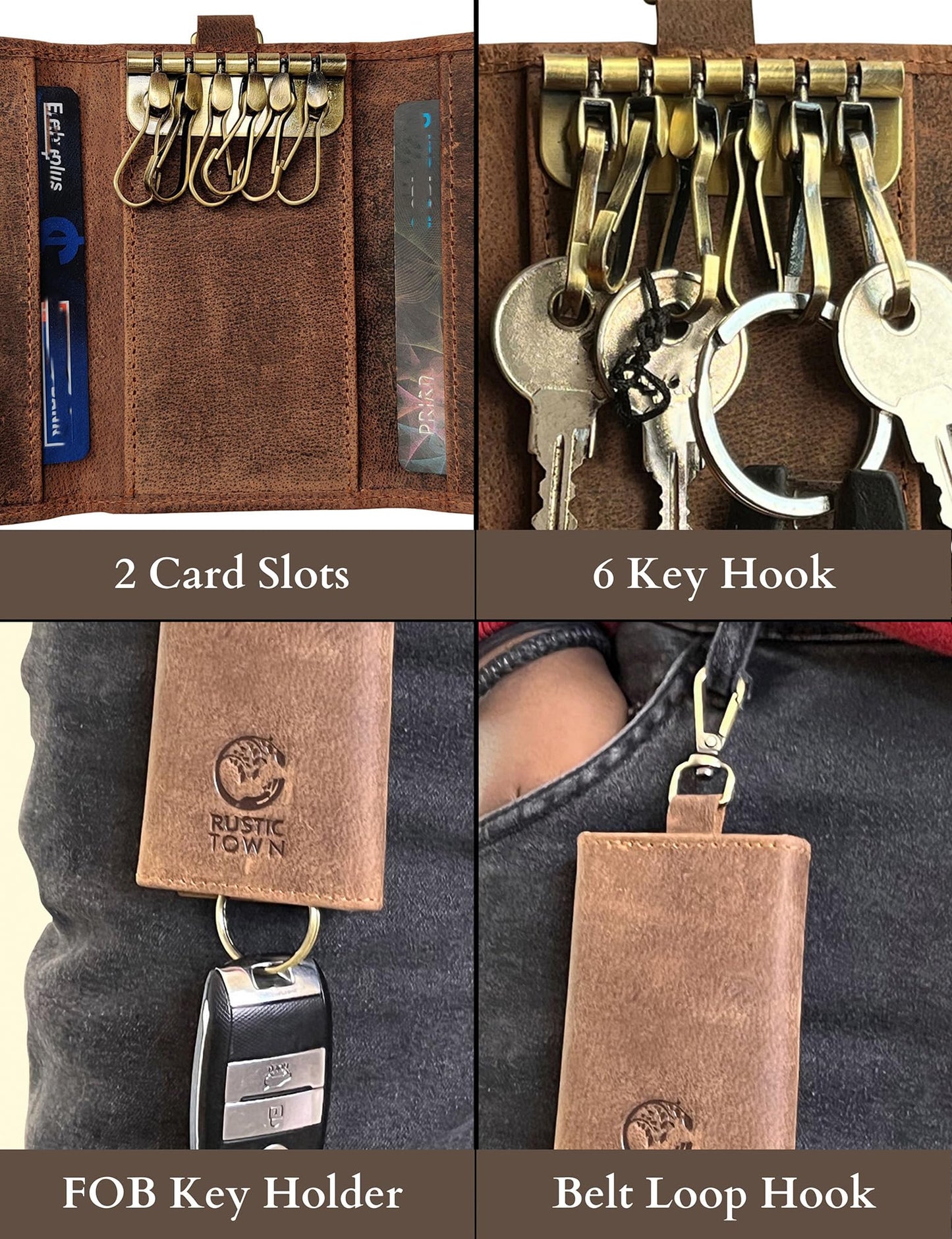 RUSTIC TOWN Leather Key Holder - Smart Fob Car Key Loop - Leather Key Pouch Wallet Slim Keychain with 6 Key Holder - Stylish and Practical Key Organizer for Men and Women