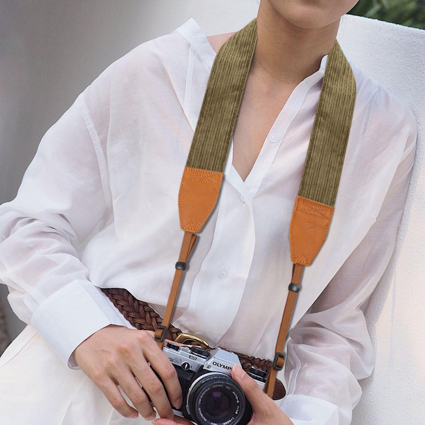 Padwa Lifestyle Olive Green Corduroy Camera Strap - 2" Double Layer Full Grain Cowhide Leather Head Camera Straps for Photographers, Unique Soft Corduroy Fabric with Quick Release fits all Cameras