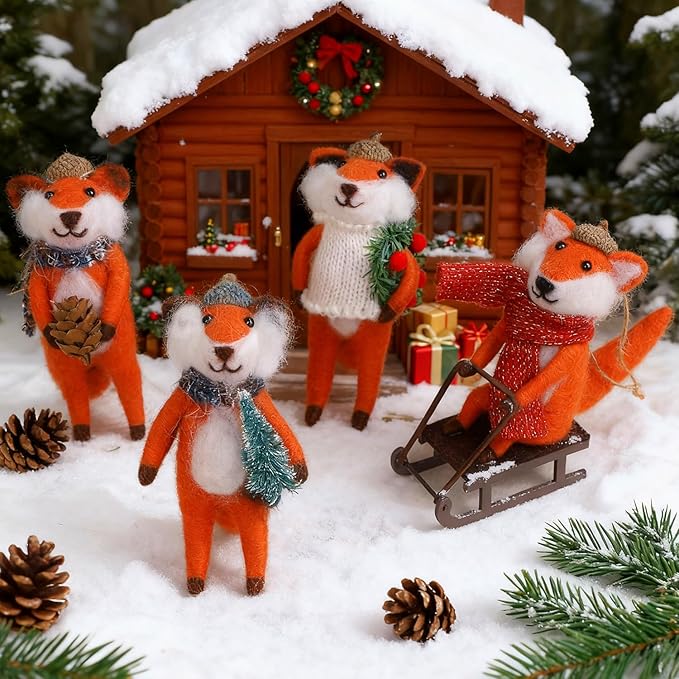 Set of 4 Christmas Felt Fox Ornaments, 5" Mini Wool Mr. Foxes Figurines for Christmas Tree Wreath Hanging, Fantastic Xmas Tabletop Decor, Animal Crafts Holiday Easter Gifts Party Supply