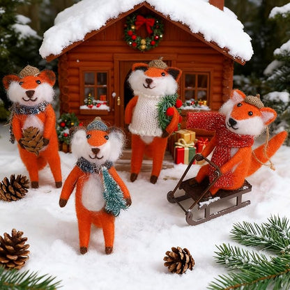 Set of 4 Christmas Felt Fox Ornaments, 5" Mini Wool Mr. Foxes Figurines for Christmas Tree Wreath Hanging, Fantastic Xmas Tabletop Decor, Animal Crafts Holiday Easter Gifts Party Supply