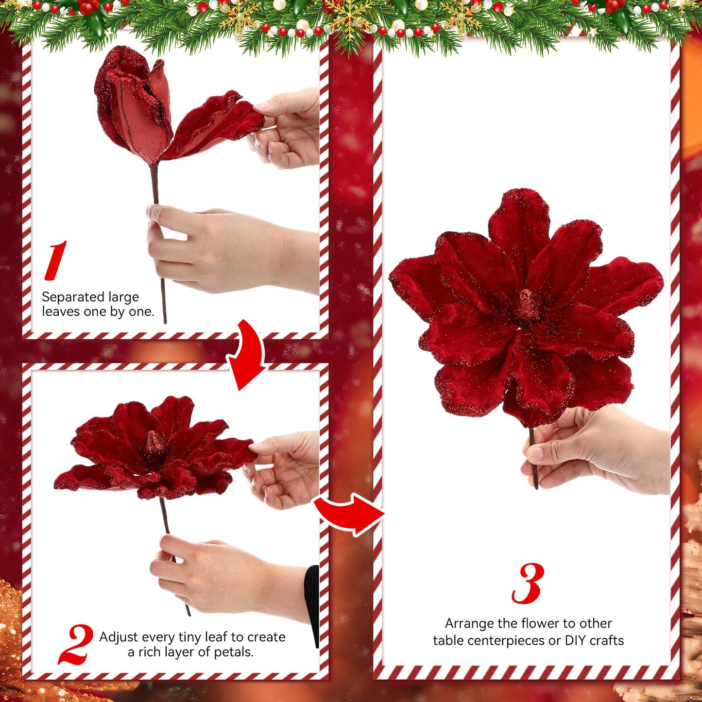 Suncalla 24 Pcs Christmas Velvet Magnolia Flowers Large Artificial Poinsettia Flower Picks 8'' Christmas Glitter Magnolia Floral Picks Stems for Xmas Tree Party (Burgundy Brown Green Cream White)