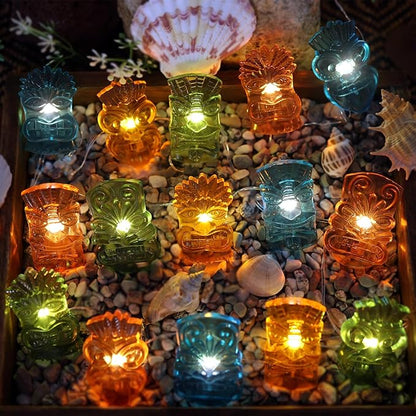 Tiki Mask String Lights Outdoor Waterproof 7FT 20PCS, Tropical Hawaiian Luau Party Lights Battery Operated LED with Remote Control, Patio Garden Porch Yard Pool BBQ Tiki Bar Summer Decorations