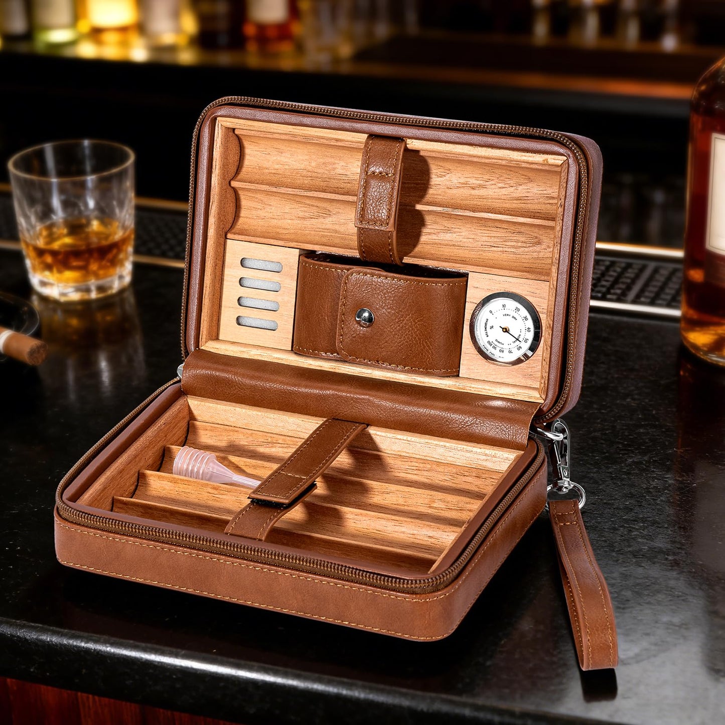 Leather Cedar Wood Case, Travel Box with Hygrometer, Capacity: 6pcs,Draw Enhancer Tool, Gifts for Men(Brown)
