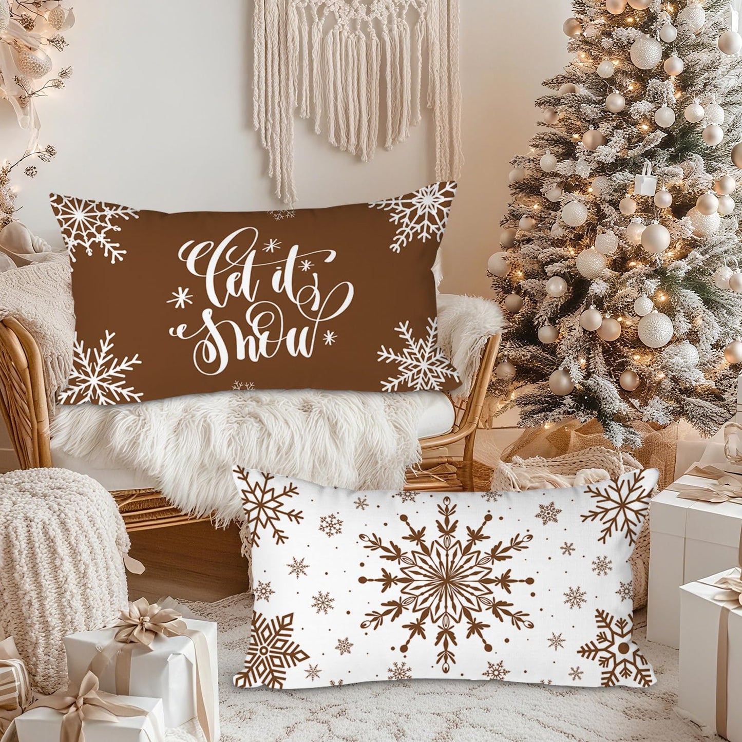 Lanpn Christmas Throw Pillow Covers 12x24 Set of 4, Merry Christmas Winter Xmas Snowflake Decorative Holiday Cushion Pillow Cases 12 x 24 for Outdoor Indoor Farmhouse Home Room Couch Decor (Brown)