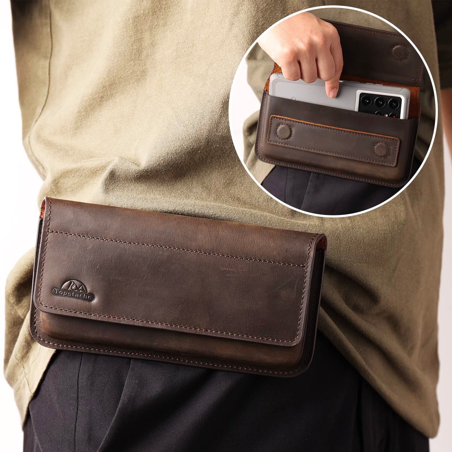 Topstache Leather Phone Holster for iPhone 17/16/15 Pro Max & Plus - Belt Clip Cell Phone Case for Galaxy S25/S24/S23 Ultra & Plus - Leather Belt Case - Fit Protective Case on, XL,Darkbrown