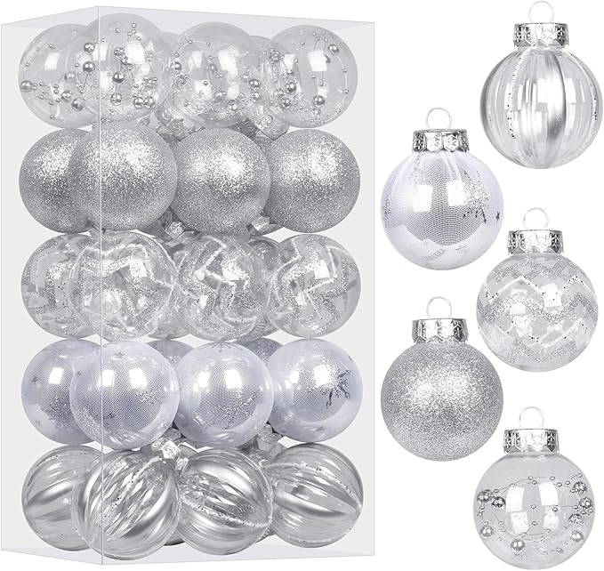 SY Super Bang 30PCS Silver Christmas Ornaments Set, 60MM/2.36" Clear Plastic Shatterproof Ball Ornaments for Christmas Tree Hanging Decorations, for Home Holiday Party Xmas Decor.