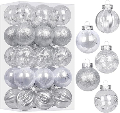 SY Super Bang 30PCS Silver Christmas Ornaments Set, 60MM/2.36" Clear Plastic Shatterproof Ball Ornaments for Christmas Tree Hanging Decorations, for Home Holiday Party Xmas Decor.