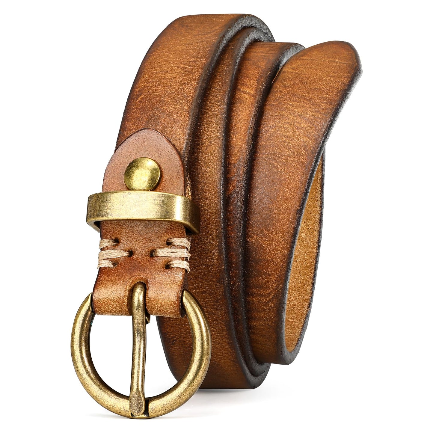 SANSTHS Womens Genuine Leather Belts for Jeans Pants Trendy Vintage Thin Leather Belt Gold Buckle Ladies Skinny Waist Belt,Brown,S