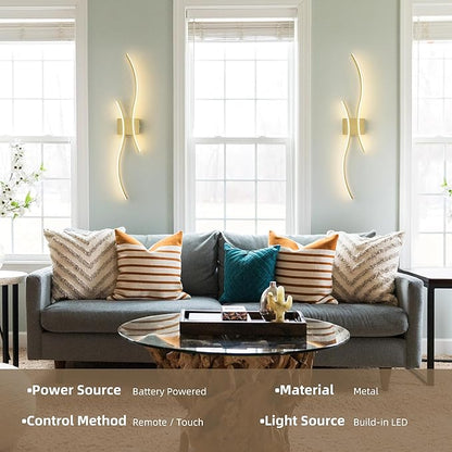Battery Operated Wall Sconce Set of 2, Dimmable Modern LED Rechargeable Wall Light with Remote Control, Wall Decor for Living Room, Hallway, Quick Install, No Electrician Required