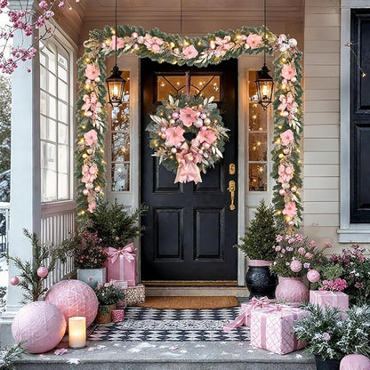 22inch Christmas Pink Wreath for Front Door with 25 LED Lights w/Timer,Elegant Magnolia Christmas Door Wreath,Lighted Festive Winter Decor,Pink Decorations for Wedding