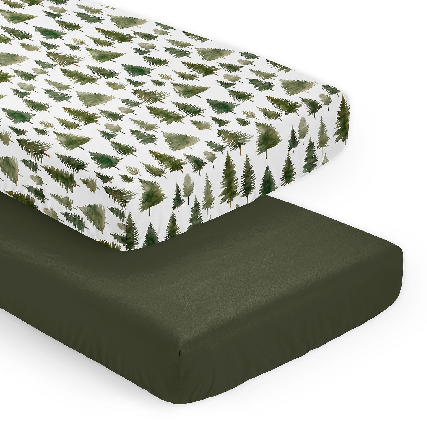 Sweet Jojo Designs 2-Piece Baby Crib Sheets Set (Green Woodland Tree) for Boys or Girls, Infant Nursery, Toddler Room - Standard Size (Neutral, Solid, Forest Pine Trees, Wilderness, Christmas Fir)