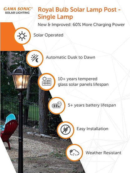 Gama Sonic Outdoor Solar Lamp Post Light, Brushed Bronze Aluminum and Rain Glass Panels, 10-Year Royal Bulb, Warm White LED with Omni-Direction Reflector, 87-inch Height, 98B101 (Upgraded)