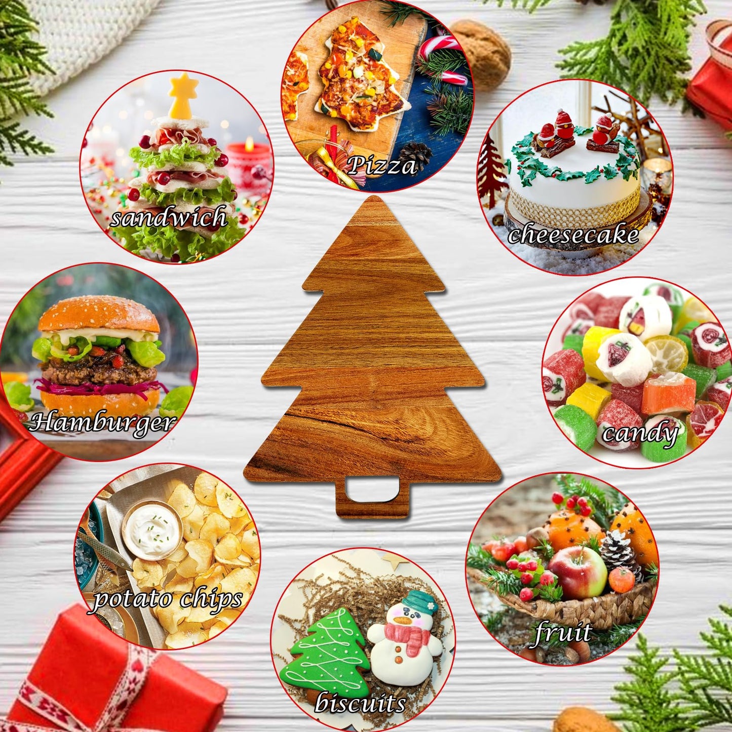 Christmas Tree Cutting Board - Christmas Tree Shaped Charcuterie Board Wood Platters for Kitchen,Christmas Tree Wooden Serving Tray Cheese Board with Handle/brown