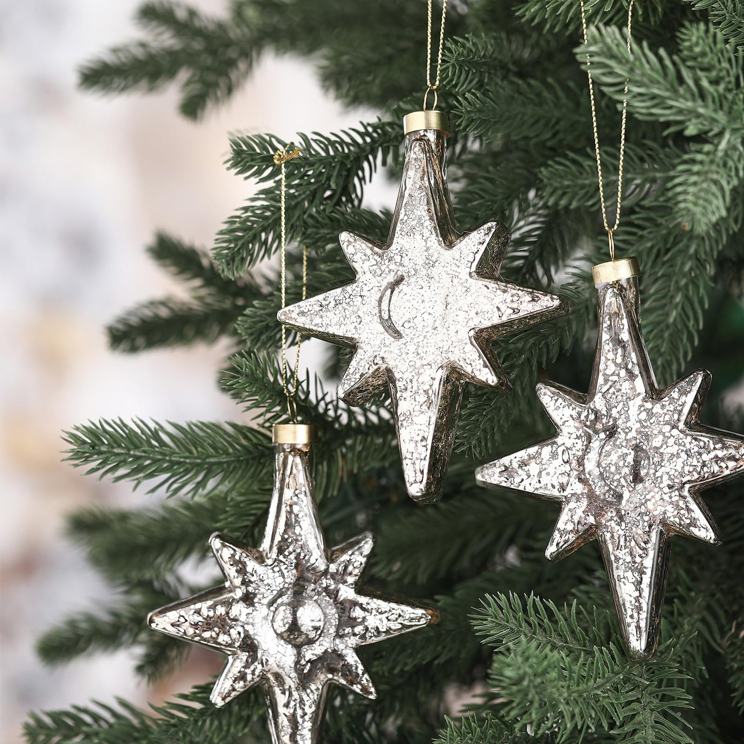 Leinuosen 6 Pcs Christmas Glitter Glass Star of Bethlehem 5 x 4 Inch Blown Glass Decorative Hanging Ornaments for Christmas Tree Xmas Party Decorations Holiday(Silver)