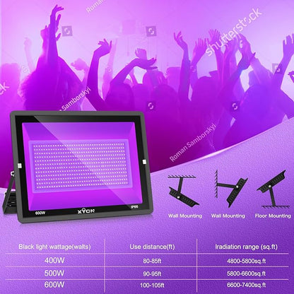 XYCN(3 Pack 600W LED Black Lights, 395nm to 410nm Outdoor IP66 Waterproof Flood Blacklight Light with Plug for Glow in The Dark, Dance Party, Stage Lighting, Body Paint, Neon Glow,Fluorescent Poster
