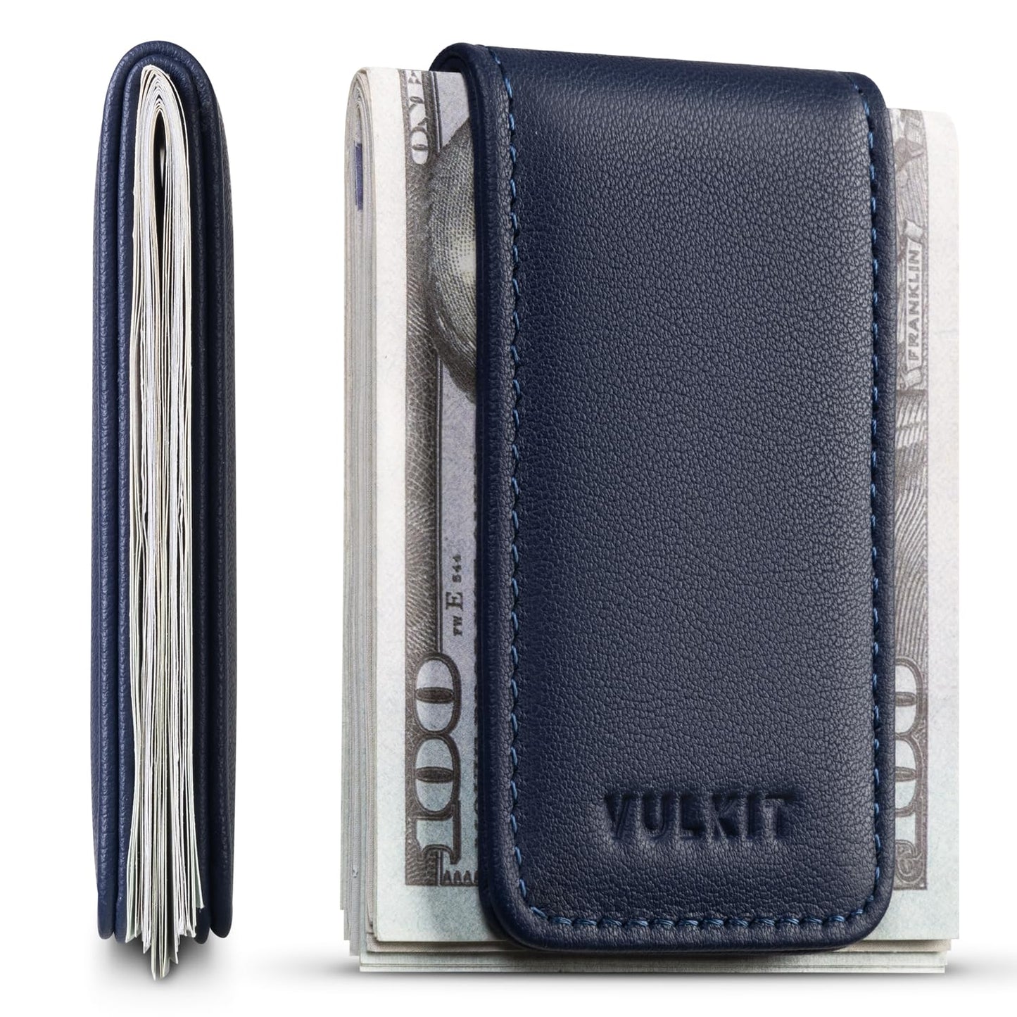 VULKIT Magnetic Money Clip Top Grain Leather Cash Holder Minimalist Design Holds Up to 15 Cash