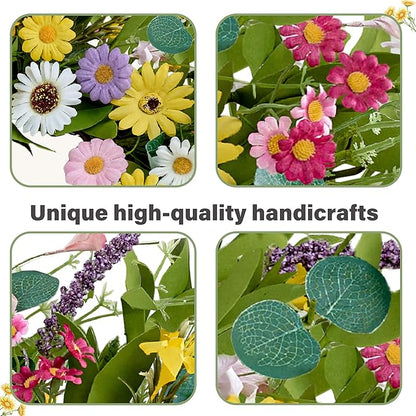 Spring Wreath 22 Inch Artificial Summer Wreath with Yellow Daisy Flowers Green Eucalyptus Leaves Lavender Spring Wreaths for Front Door Home Farmhouse Porch Wall Easter Festival