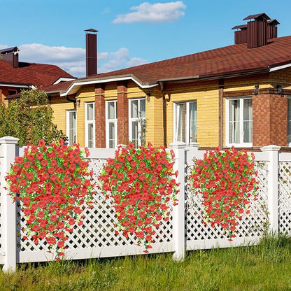 DOUBFIVSY Artificial Hanging Flowers for Outdoors, 4 Pcs Fake Hanging Plant Spring Summer Decor, UV Resistant Waterproof No Fade Faux Flower for Front Door Porch Patio Planter Garden (Red)