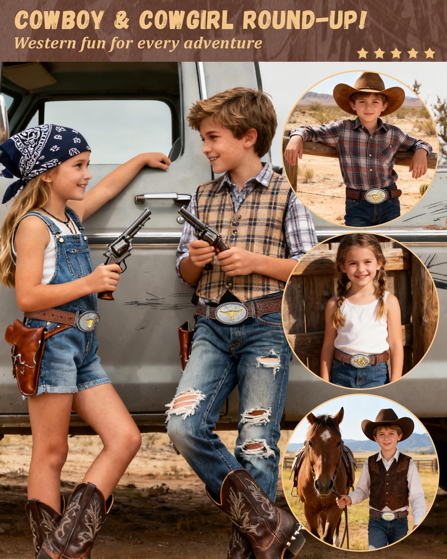 AWAYTR Kids Western Belt with Detachable Buckle - PU Leather, 3 Sizes (23"-34.5"), Adjustable for Daily Wear & Halloween (Cow Buckle-Brown, Fit Waist: 26.5"-30")