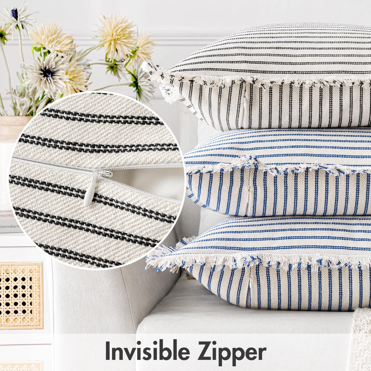 MIULEE Black Pack of 2 Pillow Covers 18x18 Inch Striped Farmhouse Couch Throw Pillow Covers with Fringe Chic Linen Decorative Cushion Covers for Sofa Living Room Bed Outdoor Home Decor