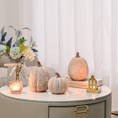 AOMOONOA Artificial Pumpkin Decor, Brown and White Decorative Pumpkins, Thanksgiving Resin Pumpkins Figurine Set of 2, Carved Pumpkin Statues for Rustic Fall Tabletop Home Decor, Harvest, Wedding