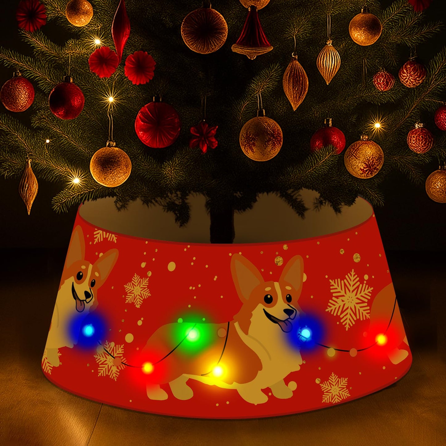 Dog Christmas Tree Collar Corgi Christmas Decor Red Tree Skirt with LED Light Ring Base Cover for Christmas Trees Decoration Holiday Indoor Outdoor