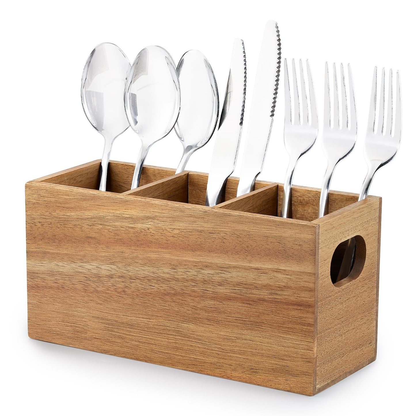 VIVIRBIEN Acacia Wooden Silverware Holder, Kitchen Utensil Caddy with 3 Compartments, Cutlery Storage Organizer Countertop, Flatware Organizer for Party, Spoon, Fork Holder