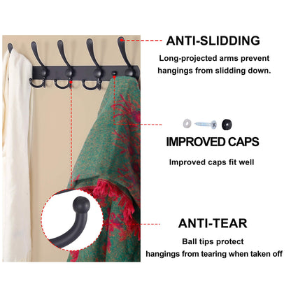 Dseap Coat Rack Wall Mounted - 5 Tri Hooks, Heavy Duty, Stainless Steel, Metal Coat Hook Rail for Coat Hat Towel Purse Robes Mudroom Bathroom Entryway (Black, 2 Packs)
