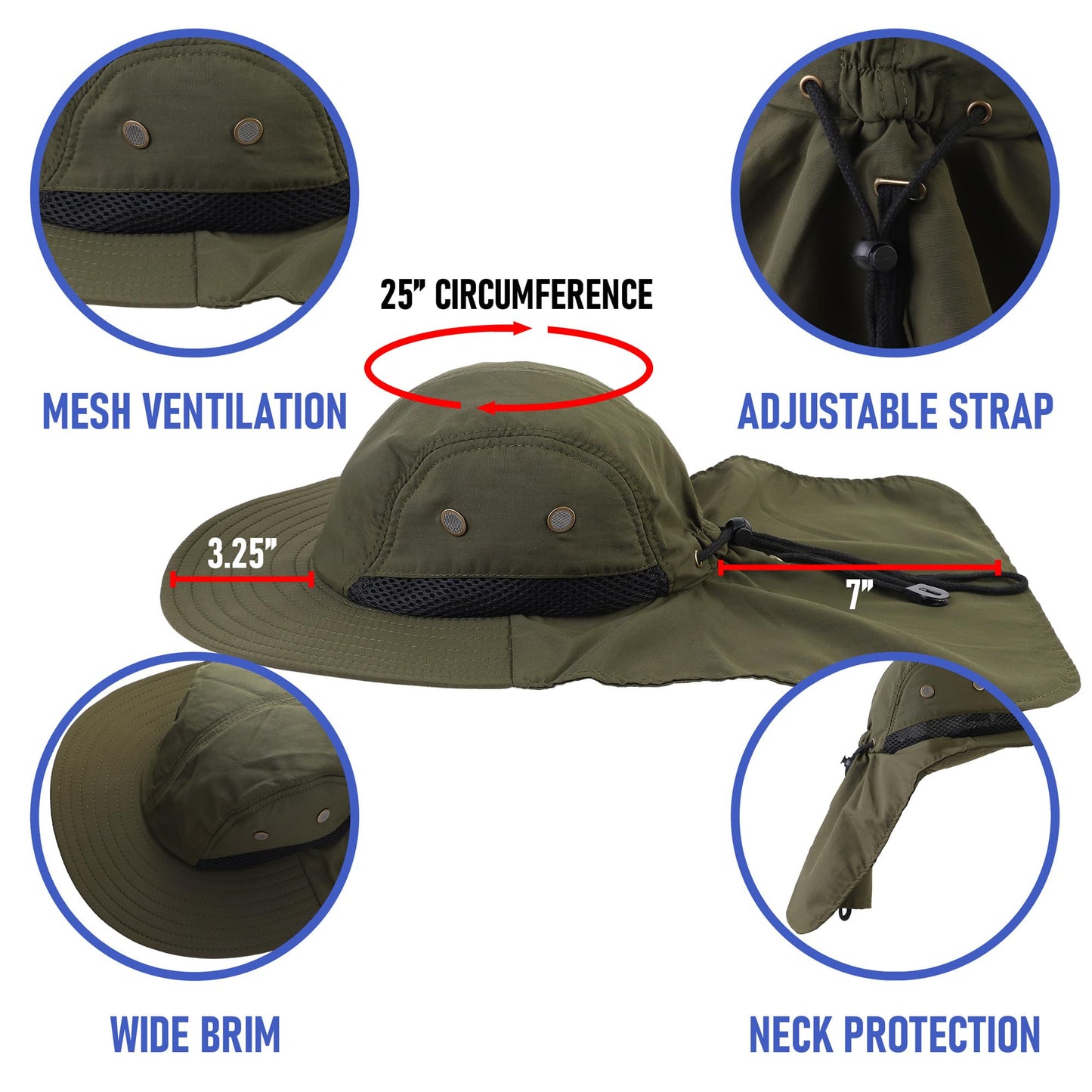 Falari Outdoor Sun Hat, Wide Brim with Neck Flap, Safari Hiking Gardening Fishing Hat