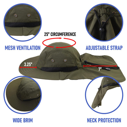 Falari Outdoor Sun Hat, Wide Brim with Neck Flap, Safari Hiking Gardening Fishing Hat