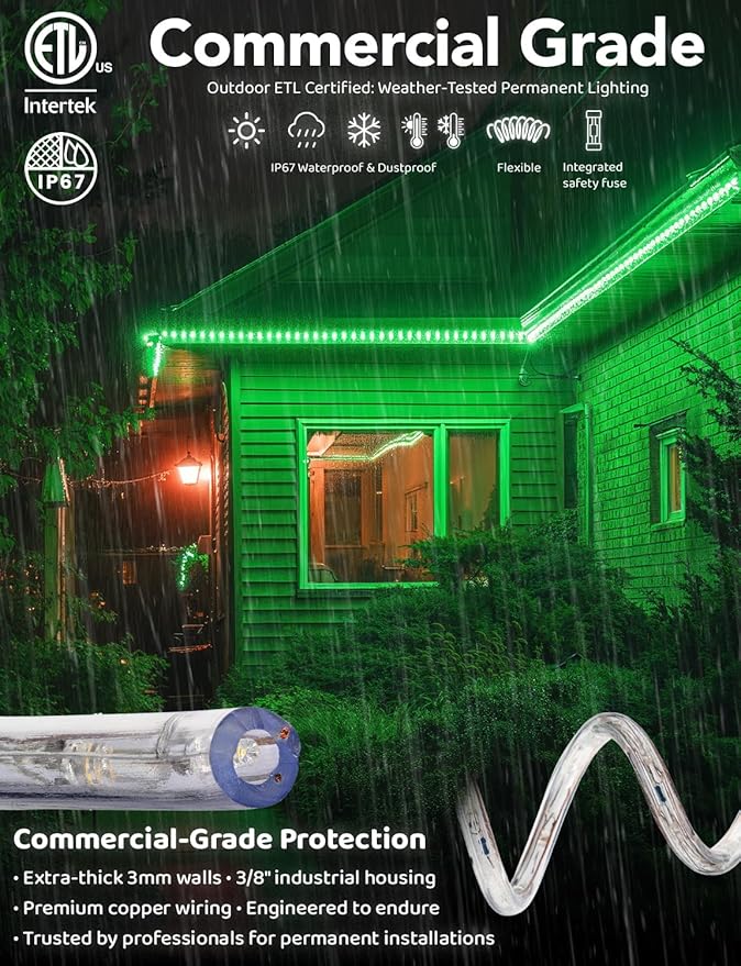 WYZworks 1116LEDs 100ft LED Outside Rope Lights, Outdoor ETL Certified Waterproof Permanent 360 Degree Light Emitting, Flexible Tube, Connectable, Christmas Palm Tree Exterior Landscape, Green