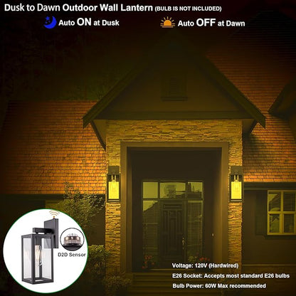 GRUENLICH Dusk to Dawn Large Outdoor Wall Lantern, Wall Sconce as Porch Lighting Fixture, E26 Base Max 60W, Metal Housing with Glass Shade (Black, 1-Pack)