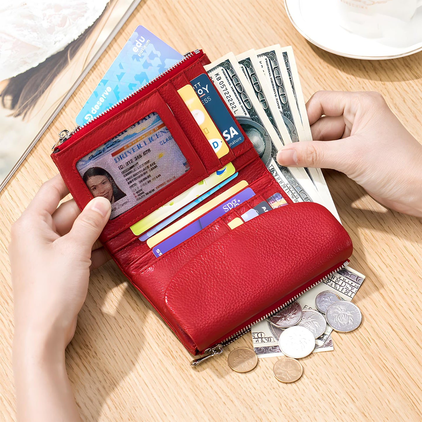 Unisex Pebble Leather Wallet, 5.3In Short Genuine Leather Coin Card Holder, Two zippered pockets, Unisex Clutch Bags, Can Hold Coins, Cards, Id Cards (Fink)