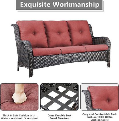 Rilyson Wicker Patio Furniture Set - 5 Piece Rattan Outdoor Sectional Conversation Sets with 2 Rocking Swivel Chairs,2 Ottomans and 1 Sofa for Porch Deck Garden(Brown/Red)
