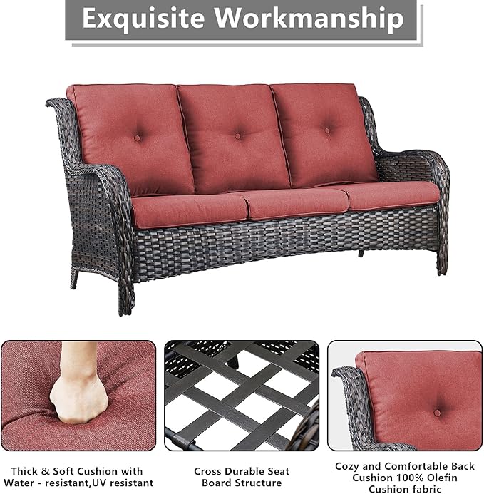 Rilyson Wicker Patio Furniture Set - 6 Piece Rattan Outdoor Sectional Conversation Sets with 2 Rocking Swivel Chairs,2 Ottomans and 2 Sofa for Porch Deck Garden(Brown/Red)