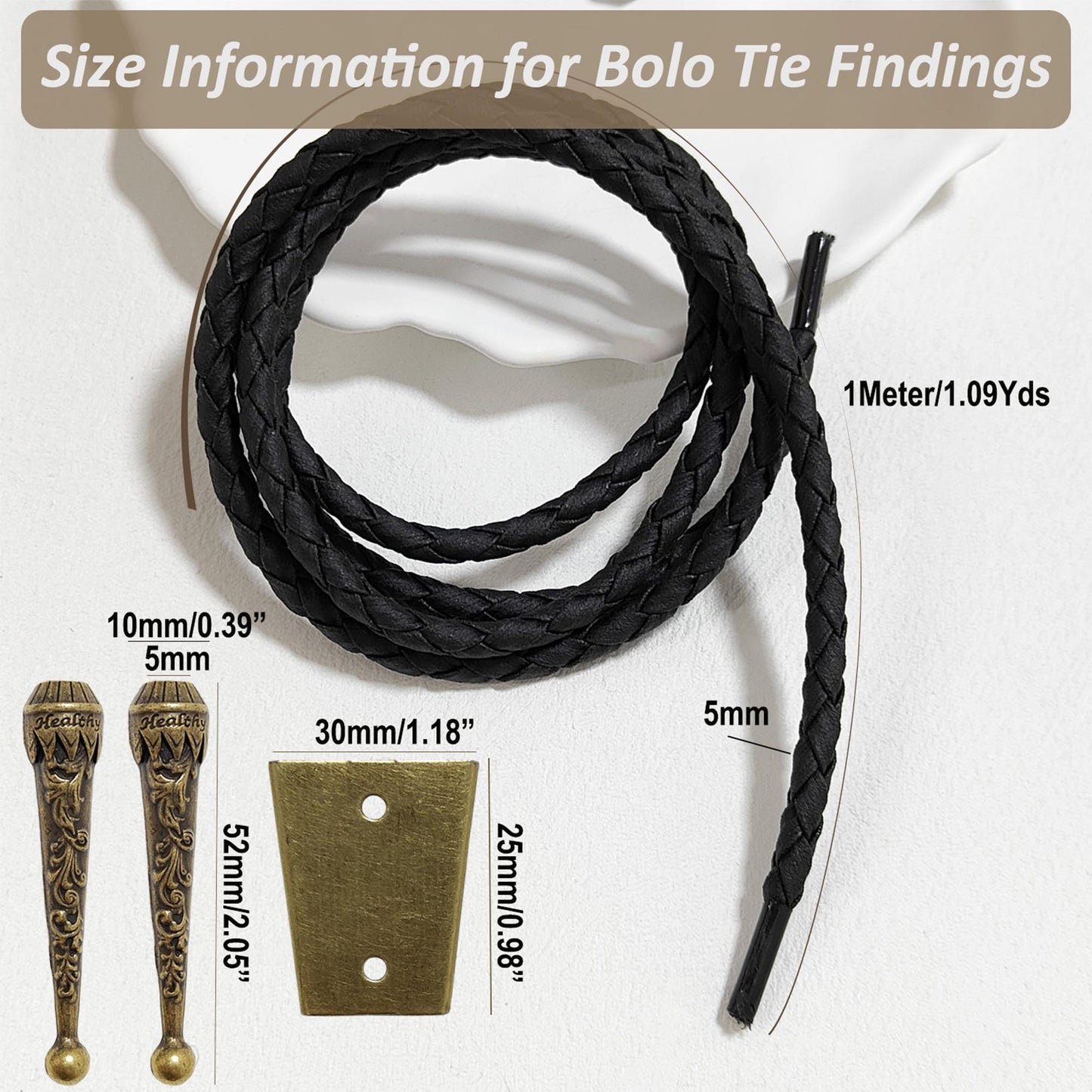 VTOS 3 Sets Bolo Tie Findings Kits with Iron Slide Clasp Buckle, Alloy Replacement End Tips, and Braided Necktie Leather Cord for Men Women