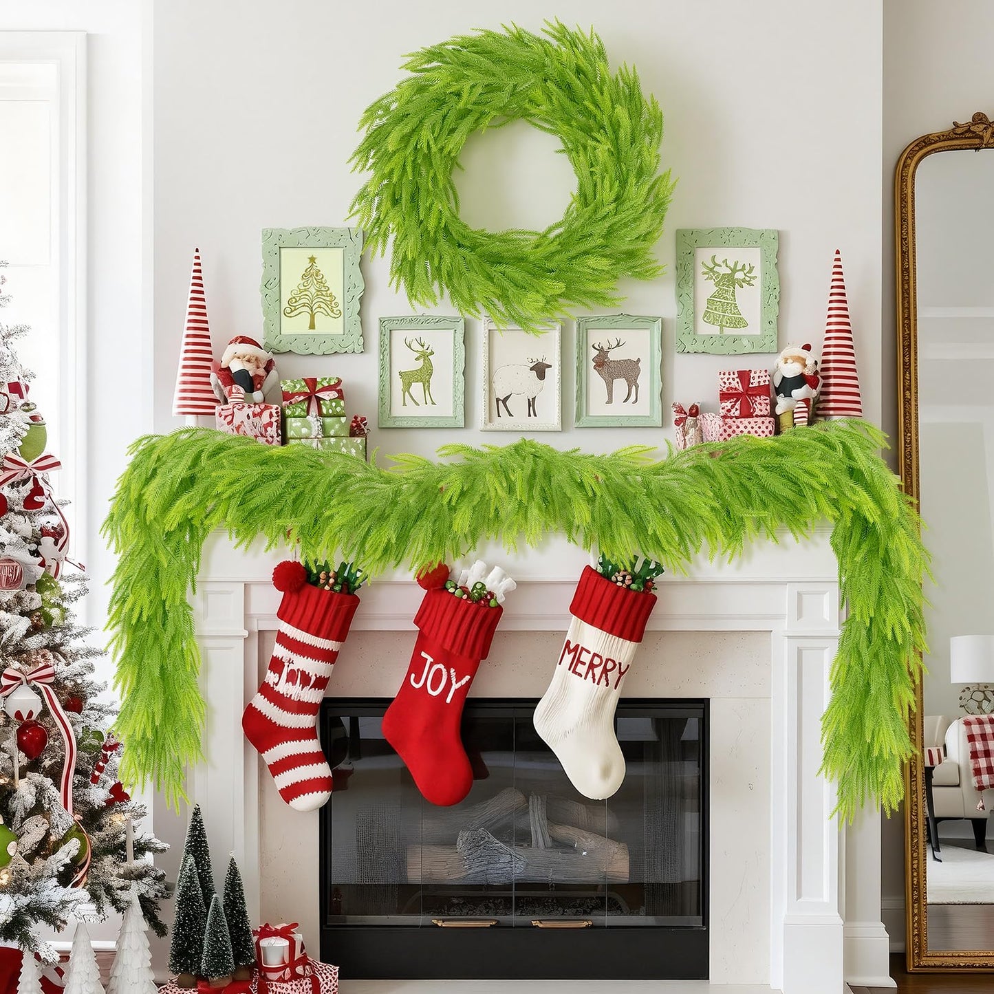 N&T NIETING Christmas Garland Norfolk Pine Garland Real Touch Artificial Christmas Lime Green Xmas Garland for Mantle,Table Holiday Fireplace Staircase Indoor Outdoor Christmas Decorations (9 FT)