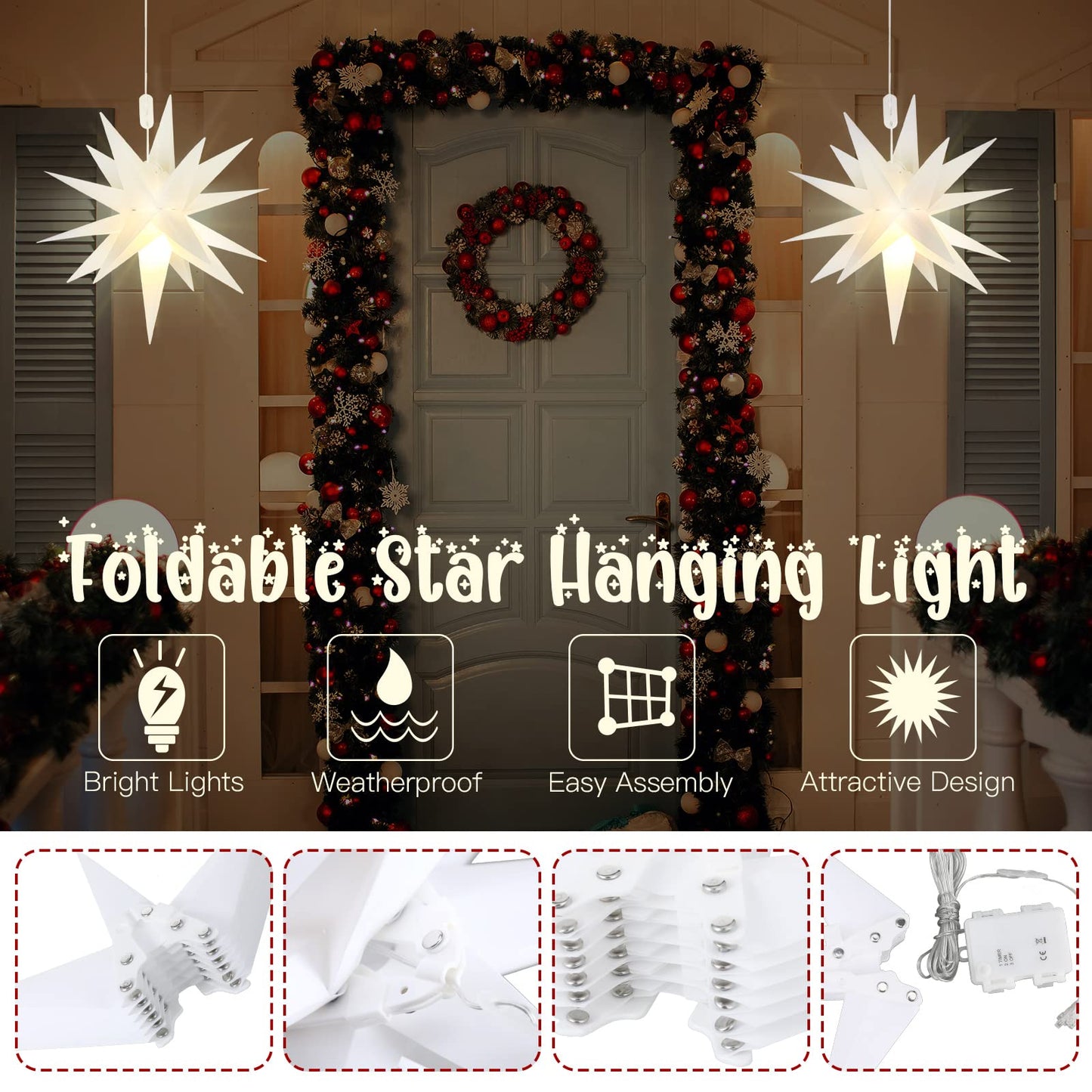 Kingdder 3 Pieces Moravian Star Light LED 3D Star Hanging Light Powered by Battery with Timer Function White Porch Lantern Holiday Decor for Indoor Outdoor Christmas Tree Balcony Courtyard (18 Inch)
