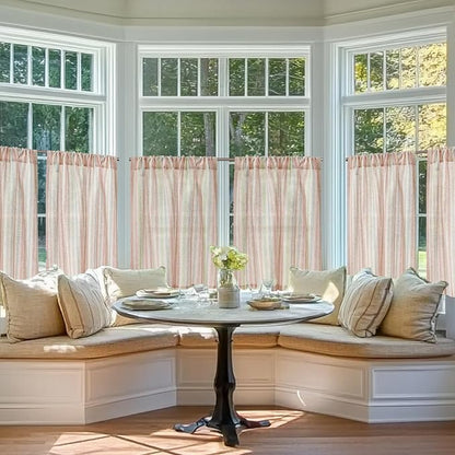 jinchan Striped Linen Kitchen Curtains 30 Inches Christmas Tier Curtains Farmhouse Modern Cafe Style Small Window Treatments Airy Light Filtering Rod Pocket for Living Room Bathroom 2 Panels Candy