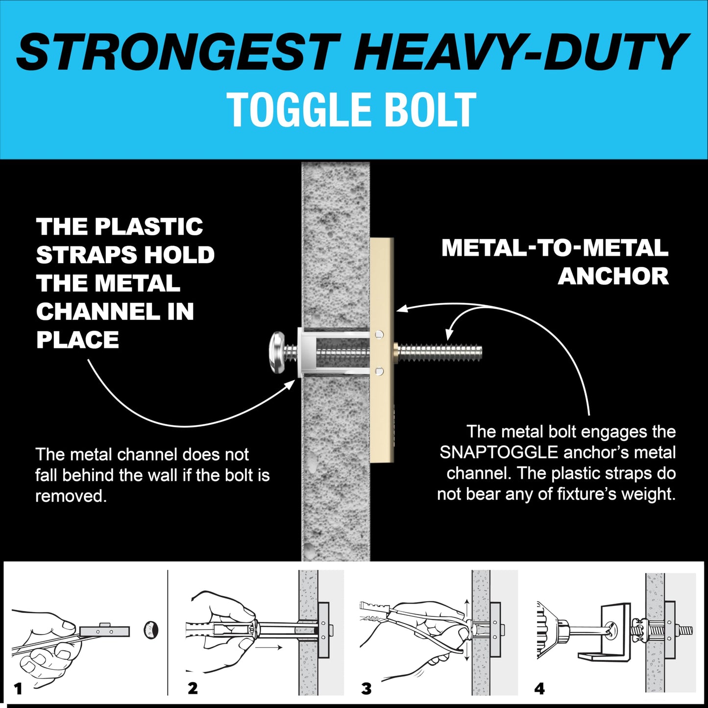 TOGGLER SNAPTOGGLE Heavy-Duty Drywall Toggle Bolt – 3/16"-24 UNC Zinc-Plated Anchor for Hollow Walls, Plaster & Tile – Holds 238 lbs in 1/2" Drywall, Easy Install – 10 Pack (with Bolts)